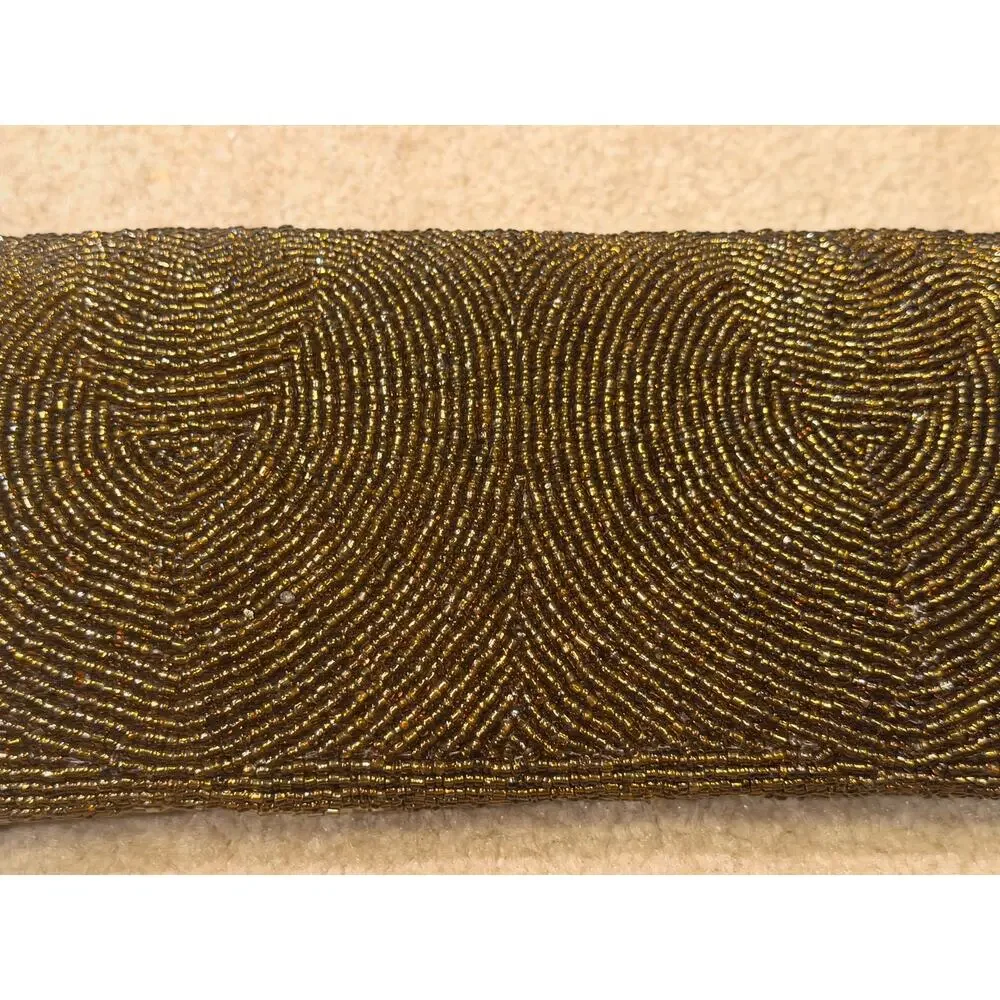 Vintage Beaded Clutch Purse Gold Bronze Paisley Evening Bag Flap Magnetic Snap